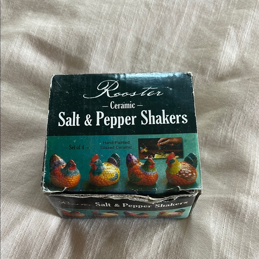 Set of 4 hand painted ceramic rooster salt and pepper shakers
